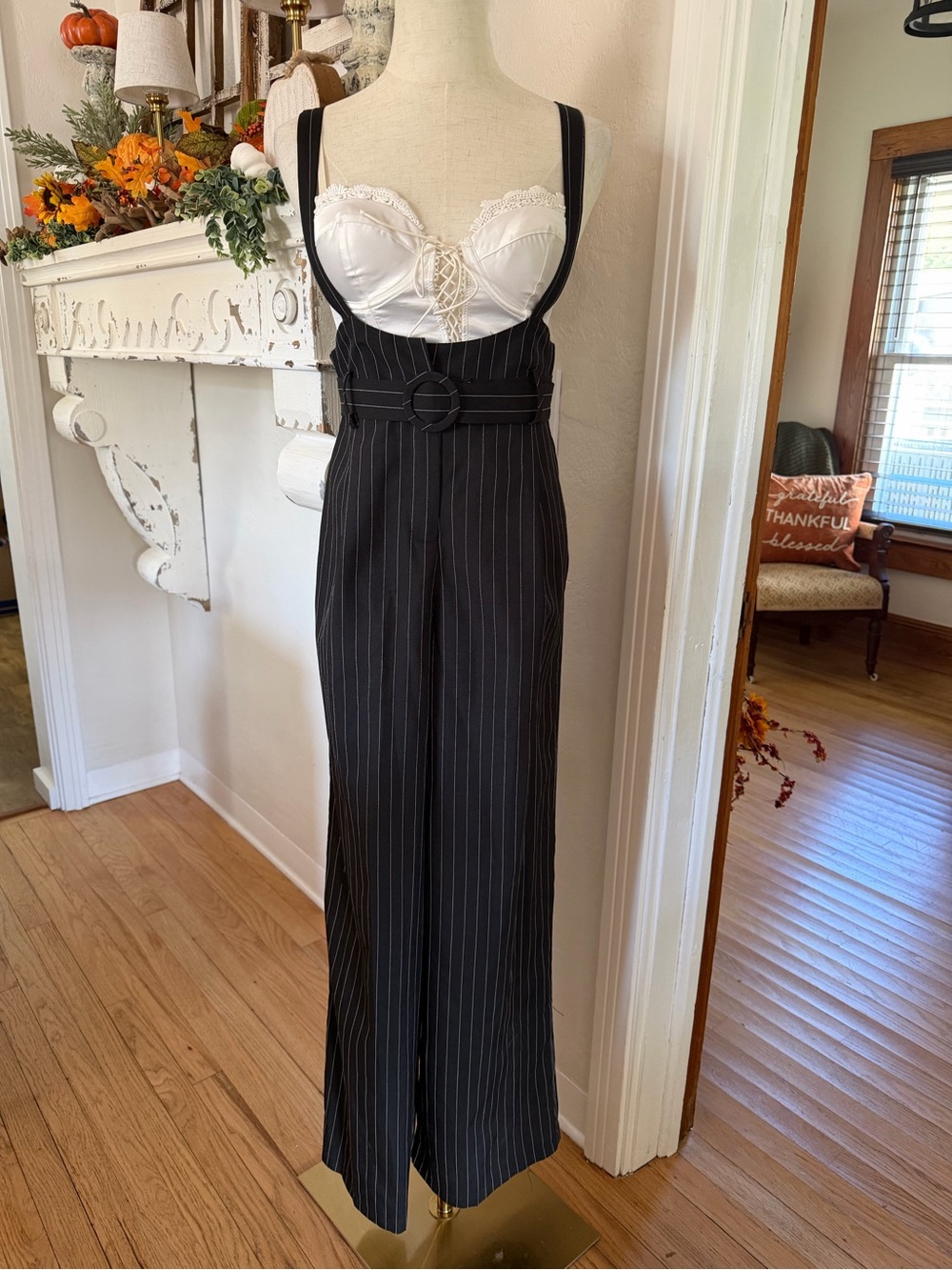 Forever 21 Black Pinstripe Wide-Leg Suspender Jumpsuit